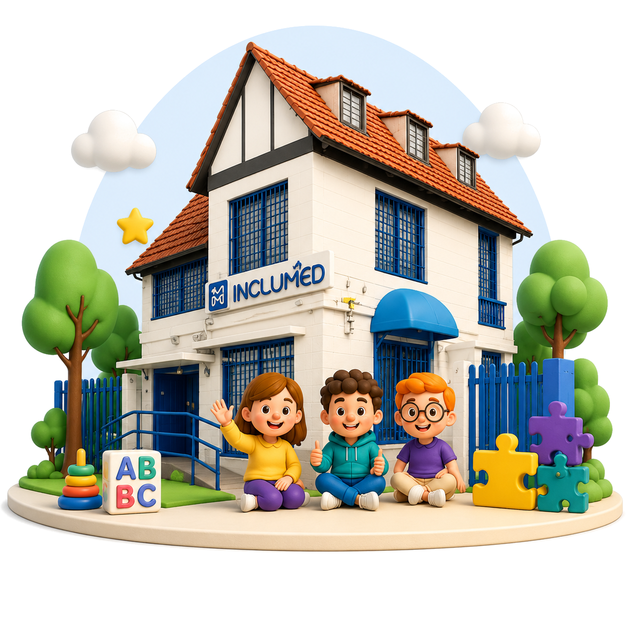 Casa Inclumed con niños, árboles y juguetes